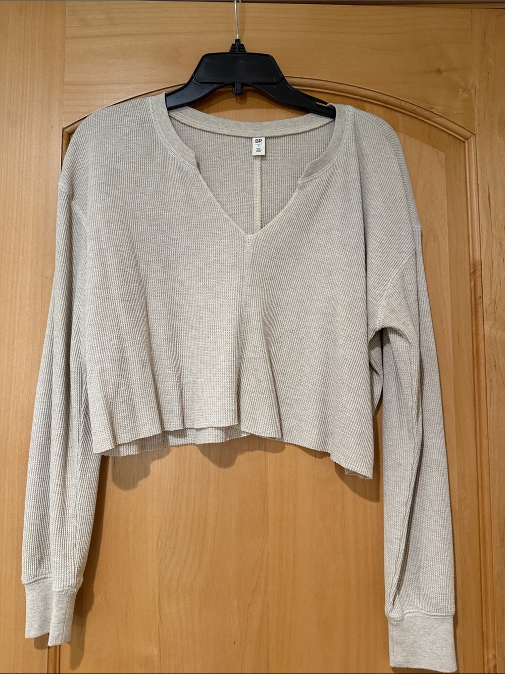 bp Light Beige Cropped V-Neck Long Sleeve Waffle Top